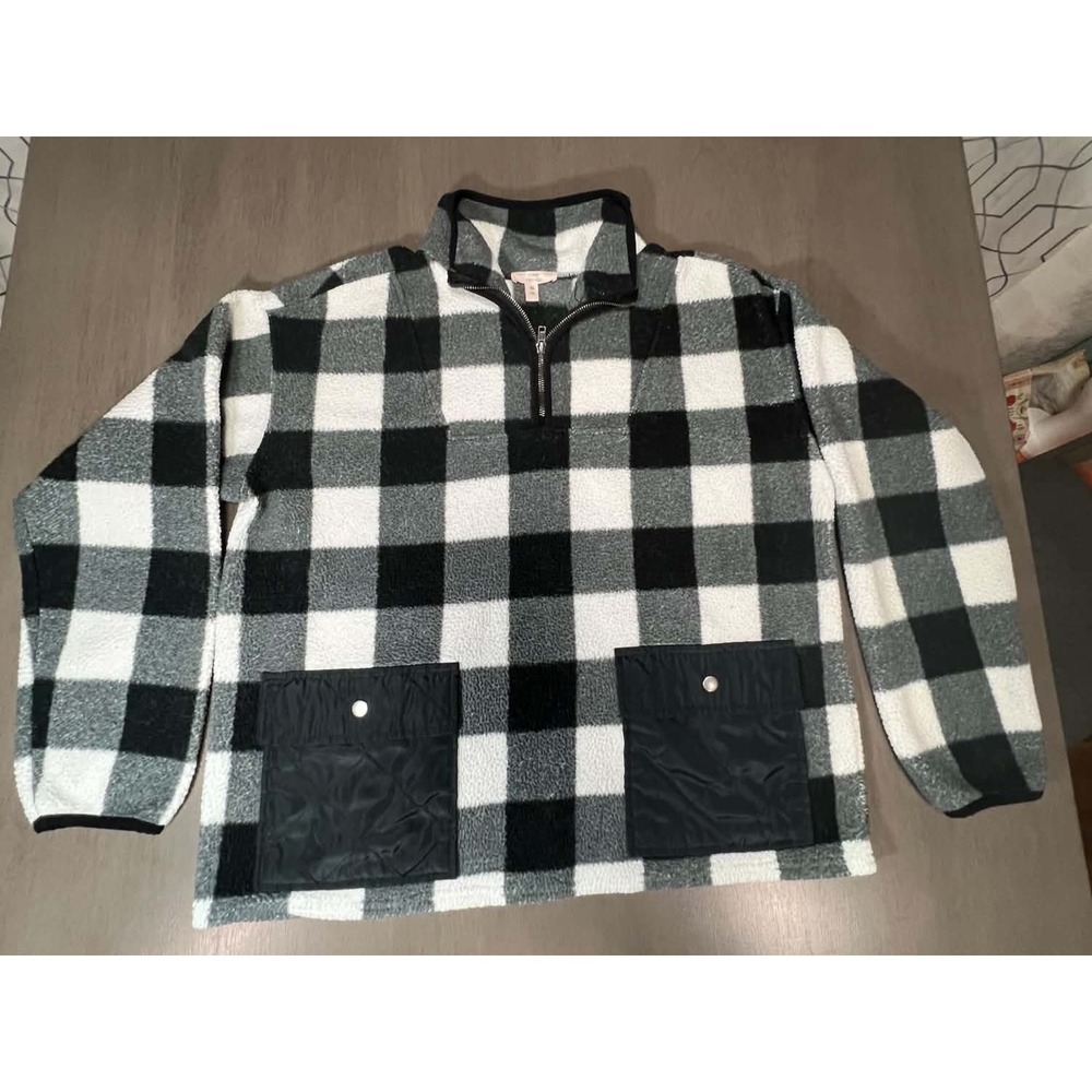 Buffalo Plaid Sherpa Fleece Quarter Zip Pullover XL Black White Check Pockets
